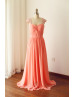 Coral Beaded Cap Sleeves Chiffon Bridesmaid Dress